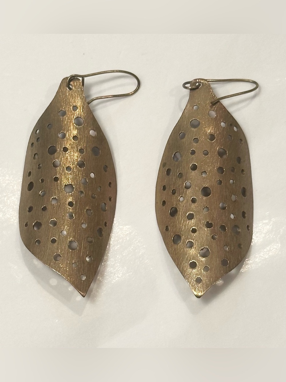 Brass Tone Pierced Leaf Statement Dangle Earrings Boho